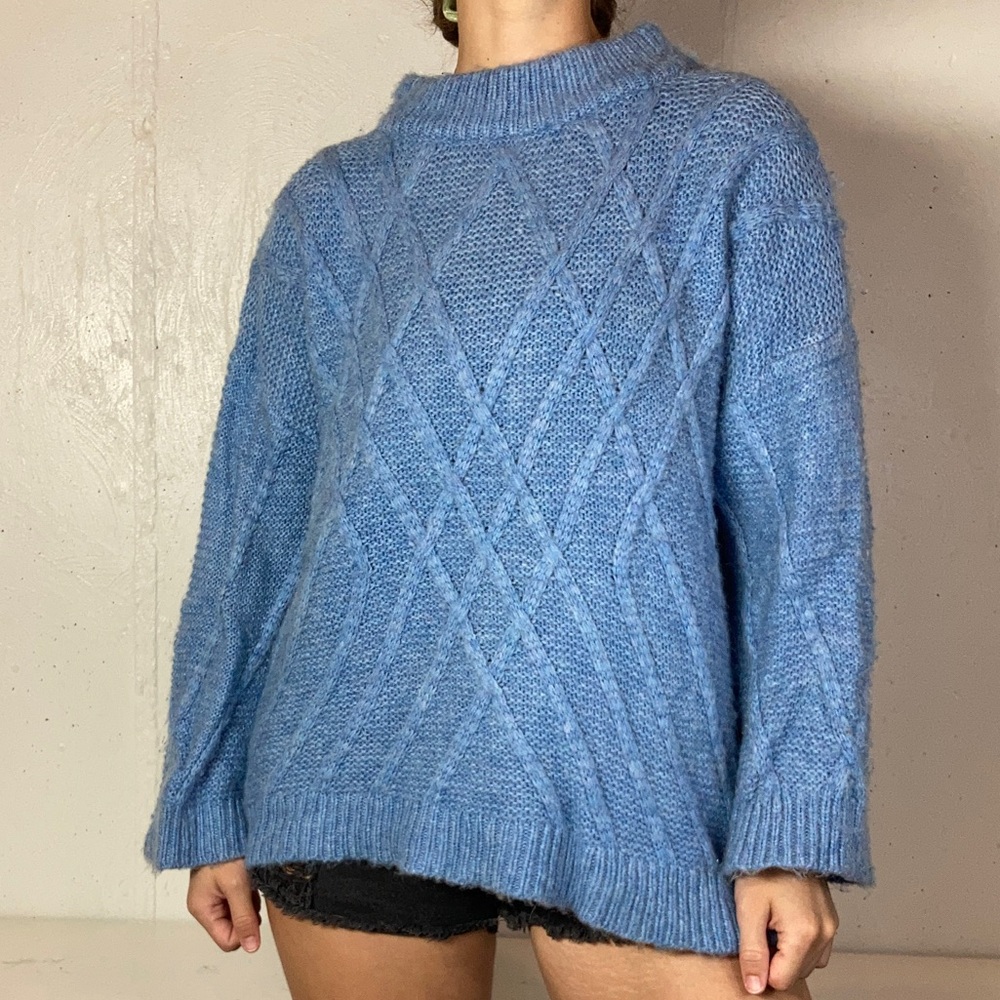 Chunky Cable Knit Sky Blue Flowy Turtleneck Sweater
